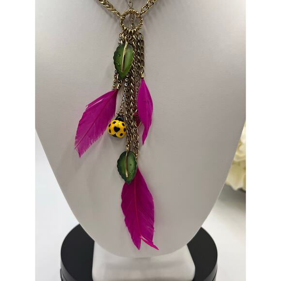 Betsey‎ Johnson HAWAIIAN LUAU Ladybug Leaf & Pink Feather Y Necklace - Picture 5 of 9